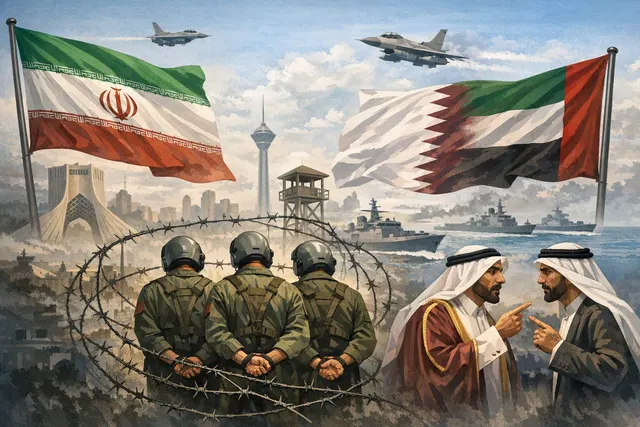 Illustration of the Strait of Hormuz with oil tankers and military aircraft, representing the Iran-Qatar dispute, UAE tanker attacks, and US-Iran deadlock in mid-August 2026.