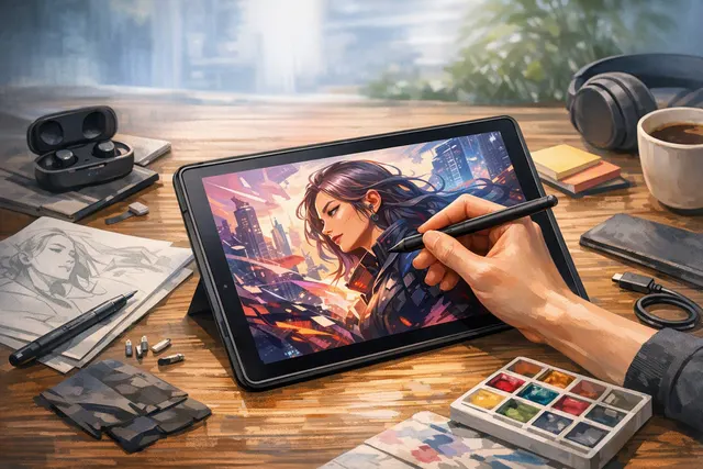 Wacom MovinkPad 11 Android drawing tablet with Pro Pen 3 stylus on a desk, showing the anti-glare etched glass display.