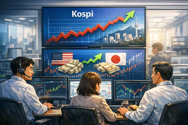 A trading floor screen showing sharply rising Asian stock indices and falling oil prices as a US-Iran peace deal is announced.
