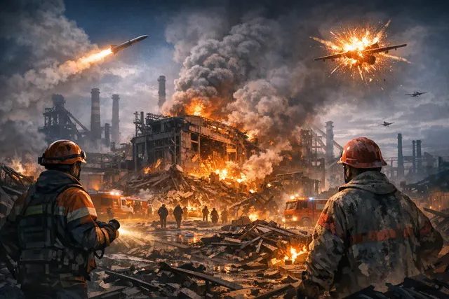 Illustration of a missile and drone attack damaging a Ukrainian steel plant at night