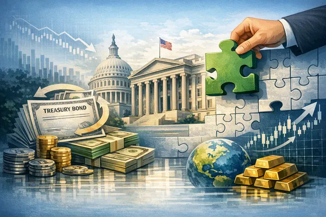 Illustration of U.S. Treasury bond buybacks driving a risk-on cryptocurrency rally, with XRP highlighted