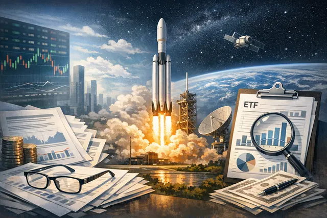 A conceptual illustration of the SpaceX IPO, showing a rocket launching above a stock market ticker with BlackRock and ETF branding, representing the record $75 billion public offe