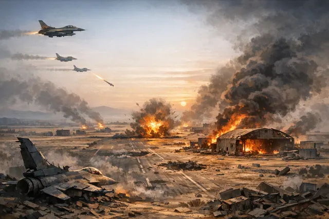 Editorial illustration of Israeli airstrikes damaging Syria’s Abu al-Duhur airbase in Idlib amid tensions with Turkey