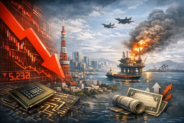 AI-generated illustration of a sharp Nikkei 225 stock-market decline, with falling technology shares, semiconductor symbols and rising bond yields