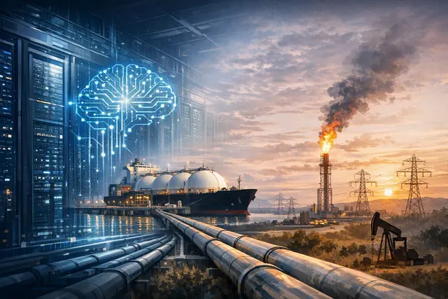 Aerial night view of a massive data center complex with cooling towers and power infrastructure, symbolizing the energy demands of AI.