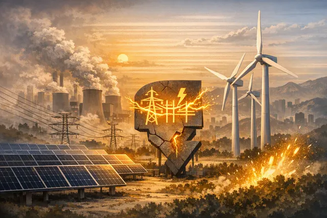 Illustration of wind turbines and solar panels connected to a congested power grid in China, with coal plants in the background