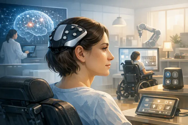 Illustration of a non-invasive Neural Drive brain-computer interface using eye blinks and focused attention to help a paralysed patient communicate