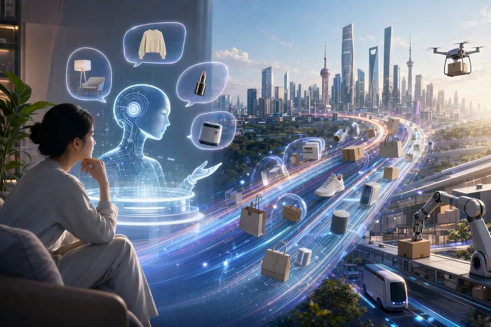 Concept illustration of AI agents assisting users with conversational online shopping in China
