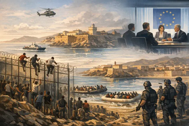 Aerial view of Ceuta coastline showing migrants swimming from Morocco toward the Spanish enclave, with border fence visible