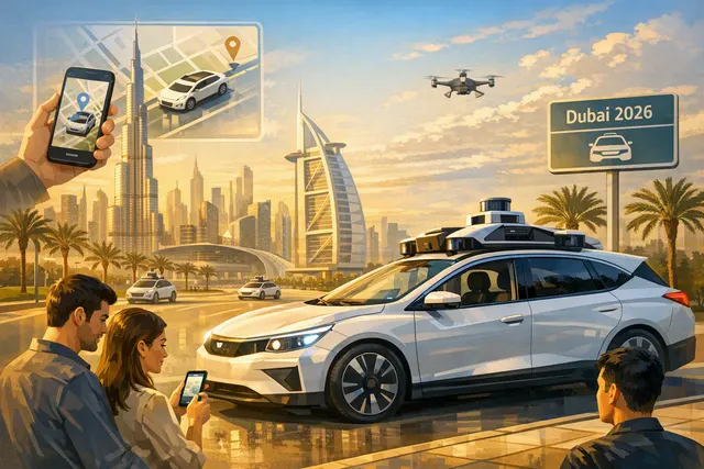 Illustration of a fully driverless Apollo Go robotaxi operating through the Uber app in Dubai