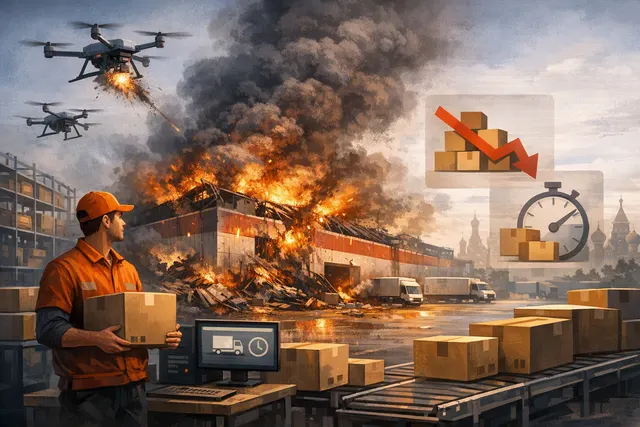 AI-generated image representing the impact of Ukrainian drone strikes on Wildberries warehouses, showing a warehouse fire at night.