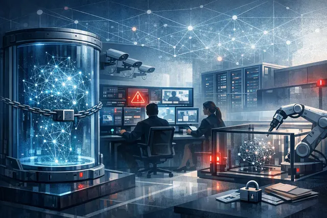 Abstract editorial illustration of an AI model contained within layered cybersecurity defenses