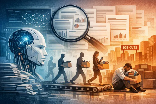 A stressed tech worker at a computer in a dark office, with glowing AI interface overlays and a clock showing very late hours, representing the gap between AI promises of leisure a