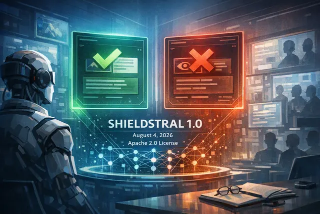 Conceptual illustration of a shield with binary yes/no indicators and AI moderation interface elements