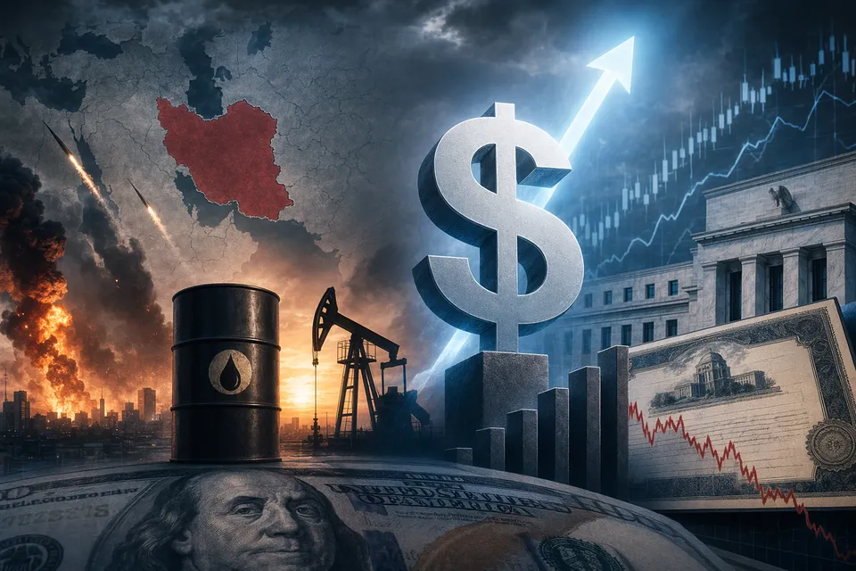 Illustration of global markets reacting to rising oil prices, bond yields, and a stronger U.S. dollar