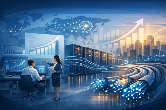Illustration of optical interconnects linking processors in an AI data center