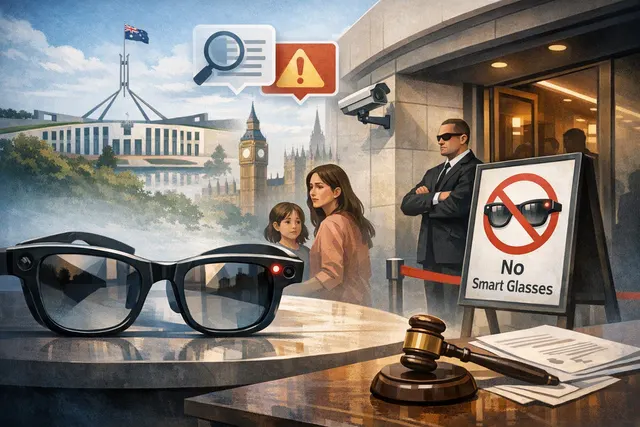 A pair of Meta Ray-Ban smart glasses with a white LED recording indicator highlighted, set against a blurred restaurant background, representing the global privacy backlash