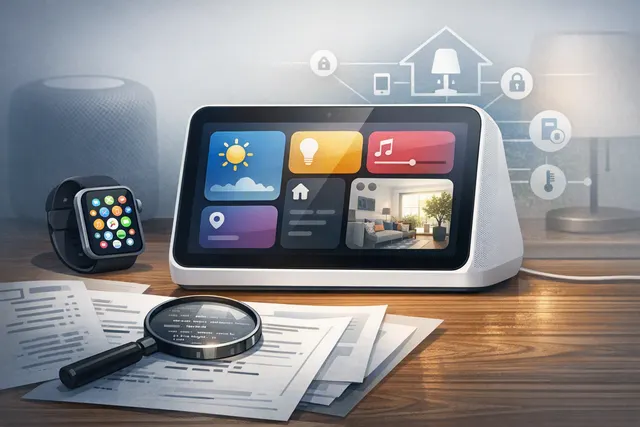 Conceptual illustration of Apple’s rumored J490 smart home hub with a square display, customizable clock face and widgets