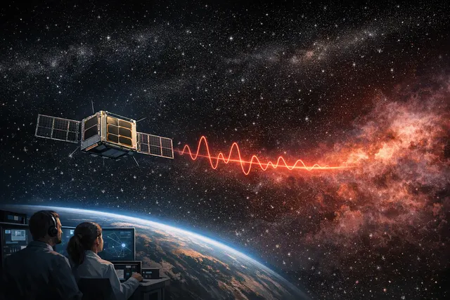 Artistic rendering of the CosmoCube satellite in lunar orbit, using the Moon's far side as a shield from Earth's radio interference to detect the 21-cm hydrogen signal from the cos
