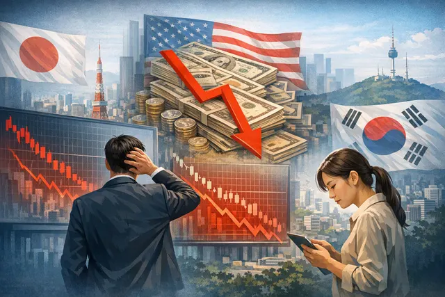 Illustration of Asian stock markets falling as U.S. Treasury yields rise
