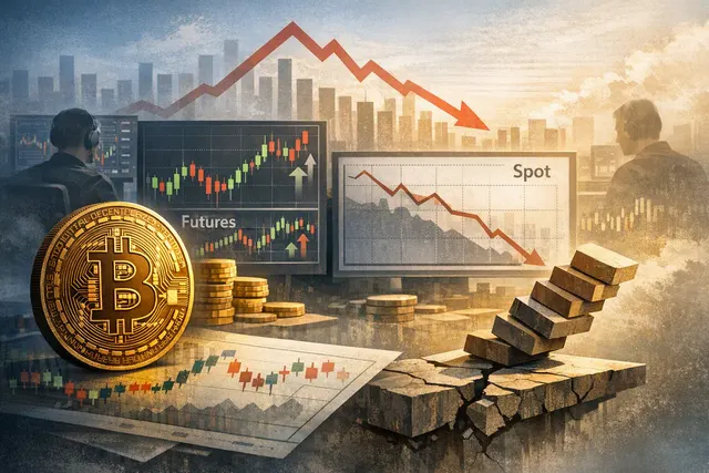 Abstract digital illustration representing Bitcoin trading with futures contracts dominating spot market, visualized as a scale or bar chart with 8:1 ratio