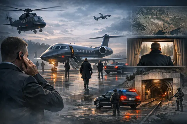 Illustration of a hidden Kremlin security apparatus with a shadowy train, mirrored offices, and decoy motorcades