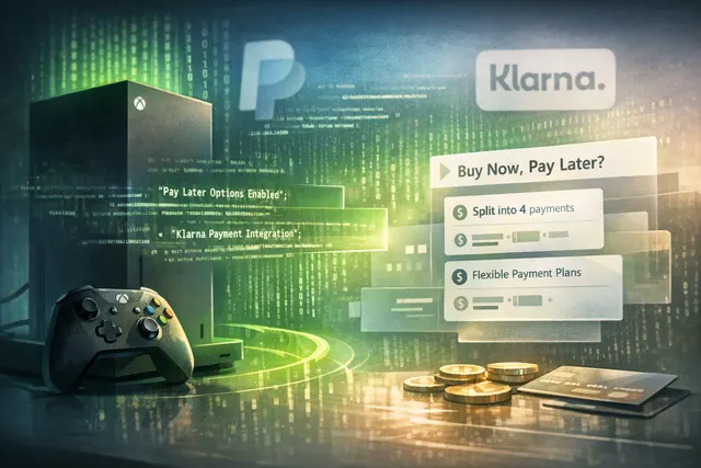 Concept illustration of a gaming console and controller hovering over a split-screen checkout interface with PayPal and Klarna logos and a Buy Now, Pay Later progress bar, symboliz