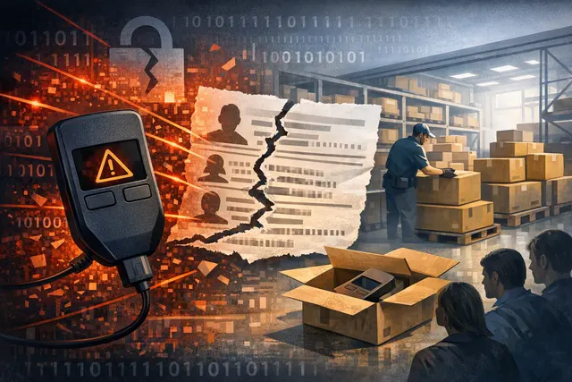 Trezor hardware wallet next to a shipping box with a digital padlock and warning icons, illustrating the ShipMonk data breach