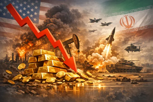 Gold bars with a declining price chart overlay and a backdrop of a naval blockade on a major oil shipping route, illustrating the link between the U.S.-Iran conflict, oil prices, a