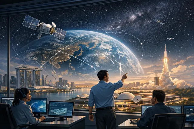 Illustration of Singapore’s national space agency coordinating satellites and monitoring Earth from a satellite operations centre