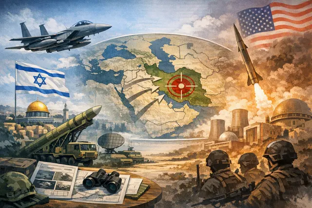 Geopolitical visualization of Israel, Iran, and the Strait of Hormuz with military and diplomatic symbols