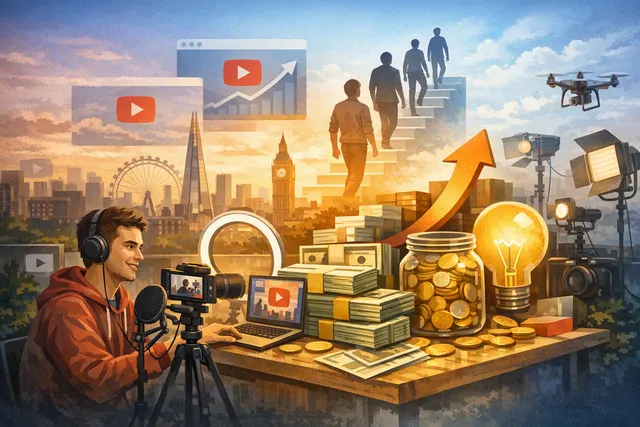 Conceptual illustration of a YouTuber's channel transforming into a media business, representing Nuggit's Creator Support Fund.