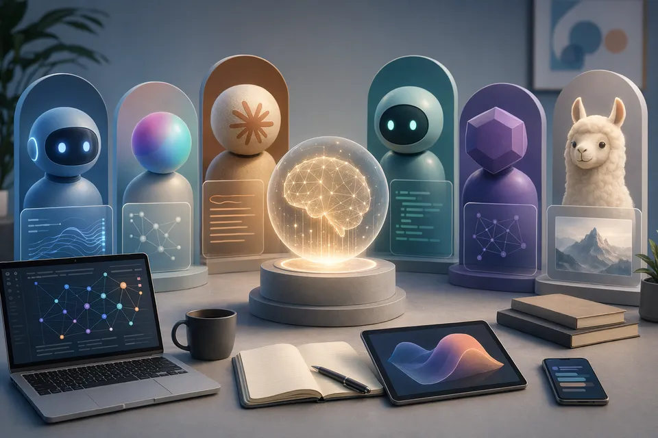 Illustration eines Vergleichs kostenloser KI-Chatbots auf einem digitalen Dashboard