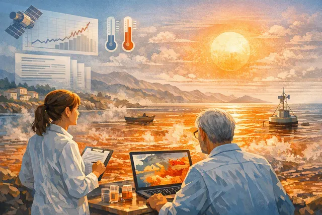 Illustration of unusually warm European seas and a marine heatwave affecting coastal ecosystems