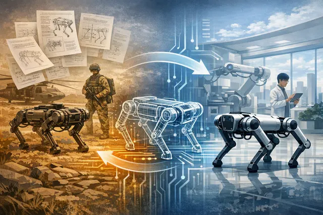 Illustration of a Unitree-style quadruped robot alongside a research robot, representing the path from U.S.-funded robotics research to Chinese commercial manufacturing