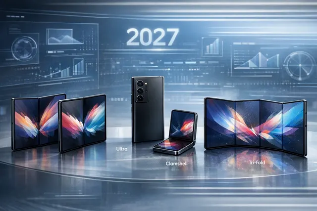 Concept illustration of Samsung’s reported 2027 Galaxy Z lineup with wide, clamshell, Ultra, and TriFold designs