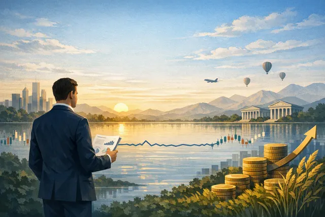Editorial illustration of calm global financial markets with low volatility, rising equities and hidden leverage risks