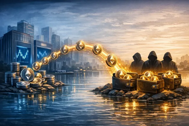 Abstract representation of three anonymous whale wallets withdrawing $122 million in Ethereum from FalconX and Kraken into private custody, against a backdrop of a falling market c