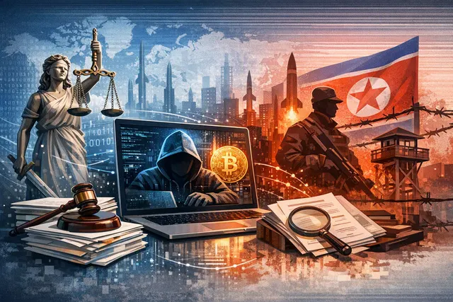 Bybit logo and legal documents against a dark digital background with blockchain network nodes, representing the lawsuit against North Korea over the $1.5 billion hack