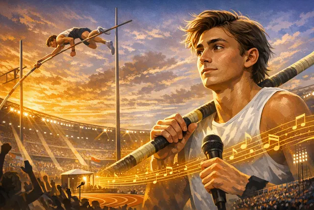 AI-generated editorial illustration of Mondo Duplantis combining pole vaulting with music for the World Athletics Ultimate Championship