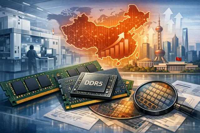 A stylized rendering of a DDR5 memory module with a Chinese flag watermark and circuit traces, representing ChangXin Memory Technologies (CXMT) latest 17nm DRAM breakthrough.