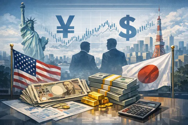 A stylized editorial illustration showing U.S. and Japanese flags with a yen symbol, representing the rare coordinated currency intervention of July 2026.