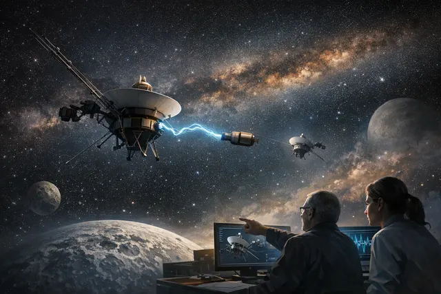 Voyager 2 spacecraft in interstellar space with a visual metaphor of a 'Big Bang' power-saving maneuver