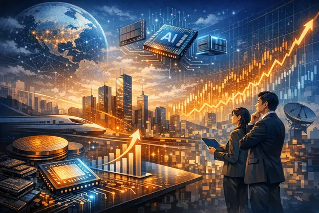 Abstract representation of a global stock market rally driven by artificial intelligence and semiconductor companies, featuring stock charts, AI neural network connections, and sem