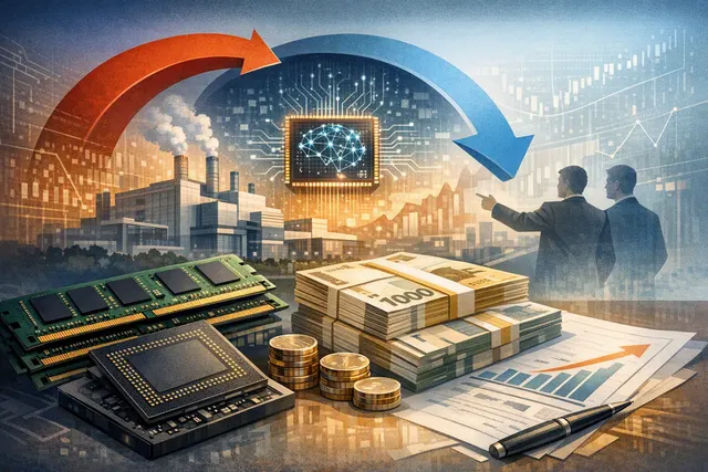 Editorial illustration of SK Hynix shares, AI memory chips and a large-scale stock buyback