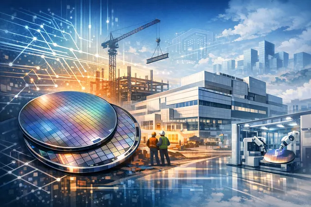 Close-up of a glowing indium phosphide semiconductor wafer being fabricated in a cleanroom, symbolizing the global supply race for AI infrastructure materials