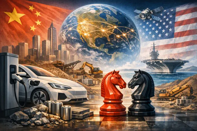 A symbolic illustration showing China's dominance in the global electric vehicle industry through interconnected elements: battery minerals, manufacturing, data, and geopolitical l