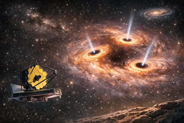 Artist's concept of three supermassive black holes in a distant galaxy, with two close together in the center and one in the outskirts, glowing in deep space.