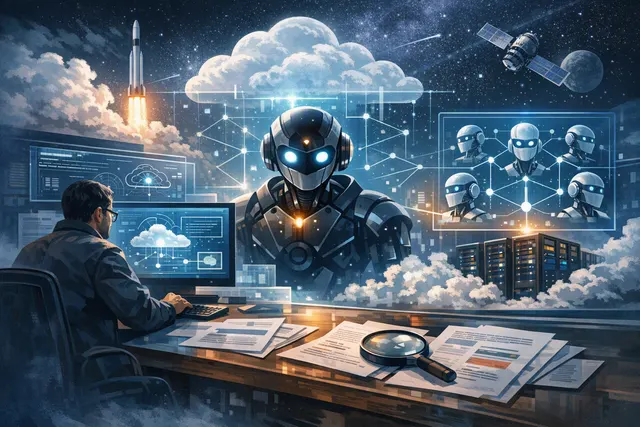Abstract representation of Grok Bot as a team of AI agents collaborating on cloud-based work across multiple devices