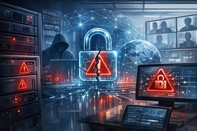 Abstract cybersecurity illustration representing Cisco vulnerability patches across network and communications products